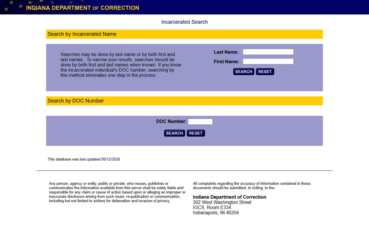 Indiana DOC incarcerated database for sentenced Wells County inmates