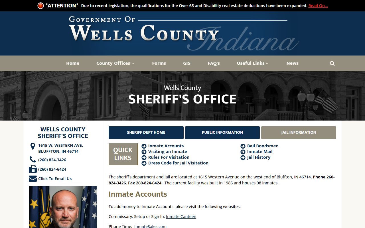 Wells County Jail information page for inmate population and jail rules